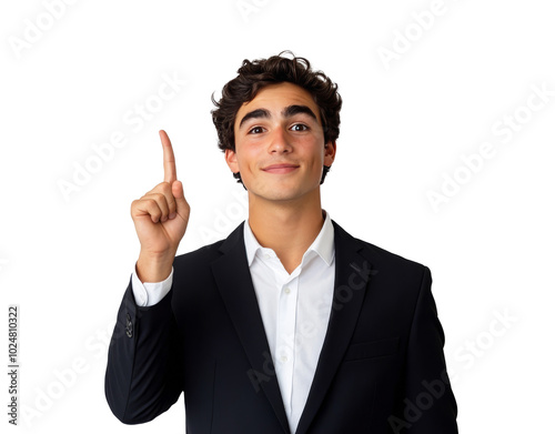 Young man in a formal suit pointing upwards against a plain background in a s...