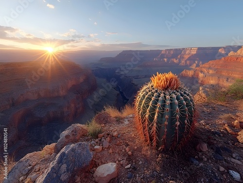 A lone cactus stands on the edge of a vast canyon, bathed in the golden glow of the setting sun.