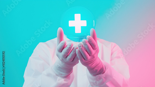 Gloved Researcher’s Hands Holding a Pharmacy Symbol in a Bright and Minimalist Environment, Representing the Intersection of Science and Healthcare photo