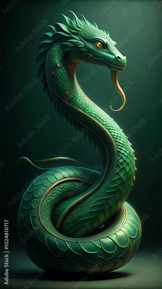 Fototapeta premium green chinese snake illustration on black background