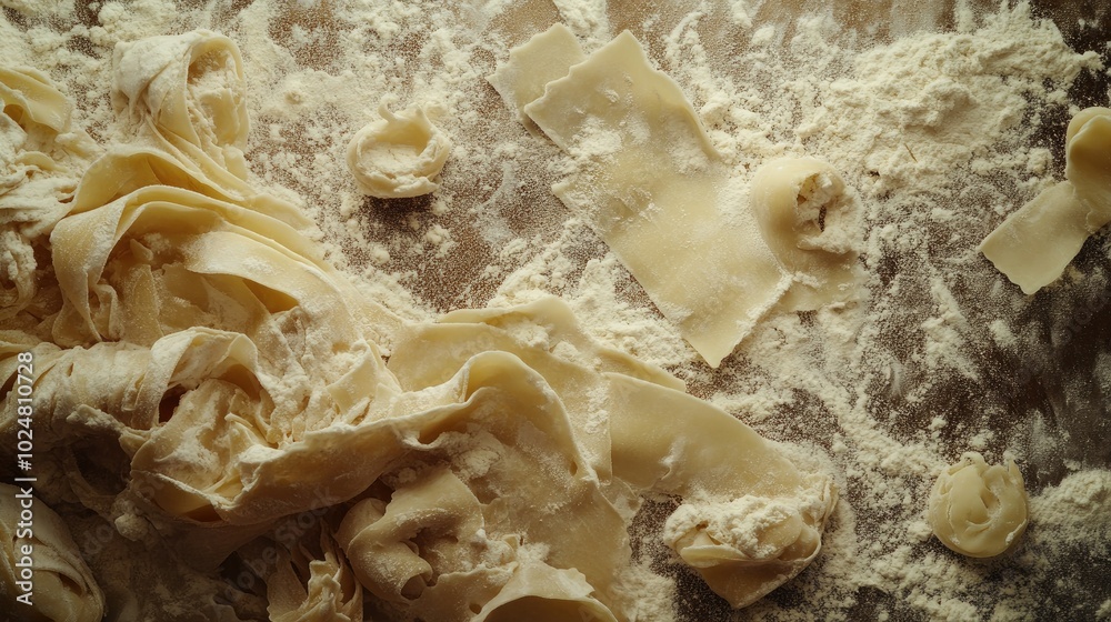 An artistic overhead view of homemade pasta dough rolled into sheets, surrounded by a scattering of flour, conveying a sense of tradition and craftsmanship in Italian cooking. An artistic overhead view of homemade pasta dough rolled into sheets, surrounded by a scattering of flour, conveying a sense of tradition and craftsmanship in Italian cooking.