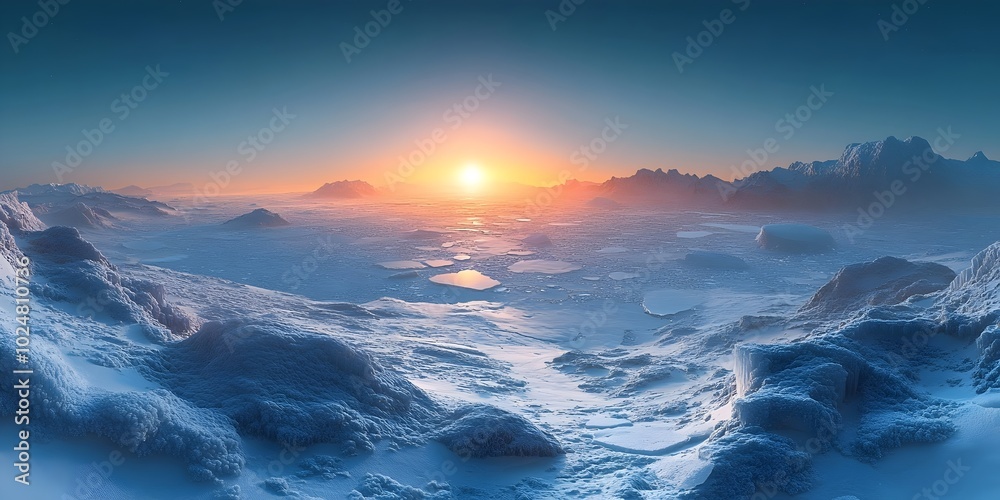 Fototapeta premium A breathtaking panoramic view of a frozen landscape with a glowing sunset over a range of mountains.