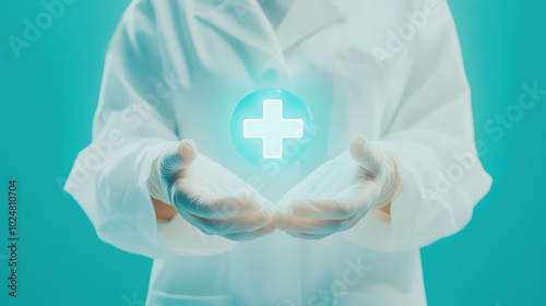 Close-Up of Researcher’s Gloved Hands Supporting a Floating Pharmacy Symbol on a Bright Minimalist Background, Representing Pharmaceutical Progress photo