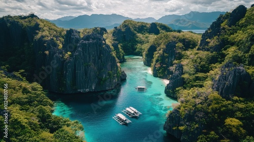 Aerial View of Boats Sailing Through a Serene Tropical Lagoon