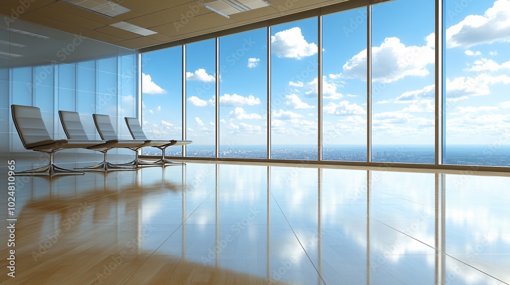 Fototapeta premium Team reviewing business plans in a bright and open meeting room with large windows Stock Photo with side copy space