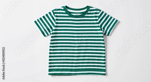 Large green striped T shirt for kid boys with short sleeves on plain white background