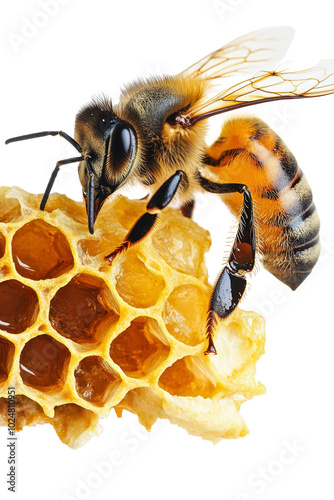 Close-up view of a honeybee on honeycomb showcasing intricate details in nature