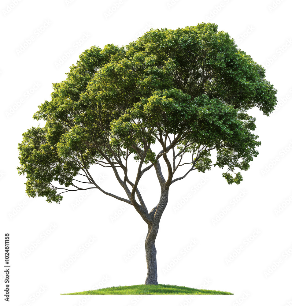 A tall, leafy tree stands alone against a white backdrop in a serene outdoor setting A tall, leafy tree stands alone against a white backdrop in a serene outdoor setting