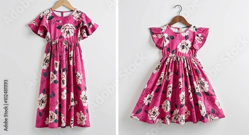 Large pink floral maxi dress for kid girls with flutter sleeves on plain white background