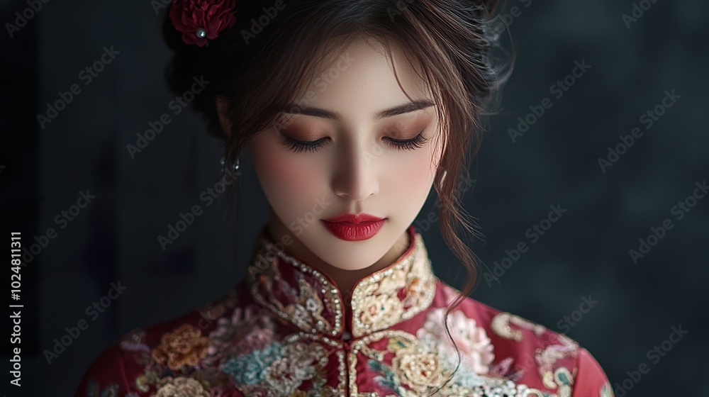 Fototapeta premium Elegant Hong Kong Woman in Traditional Cheongsam