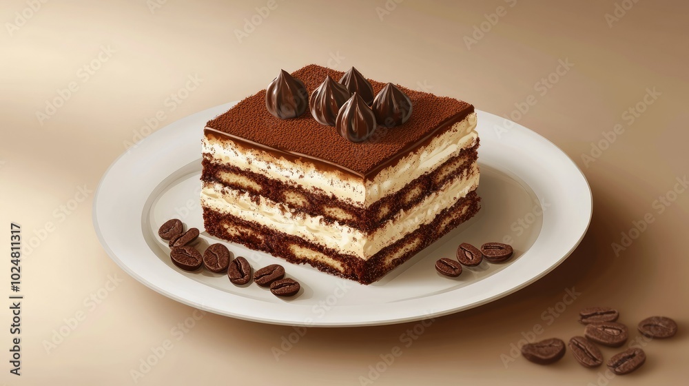 An artistic view of a Tiramisu dessert, highlighting its delectable layers of cocoa and mascarpone cream, served on a pristine plate that enhances the dessert's rich and inviting appearance. An artistic view of a Tiramisu dessert, highlighting its delectable layers of cocoa and mascarpone cream, served on a pristine plate that enhances the dessert's rich and inviting appearance.