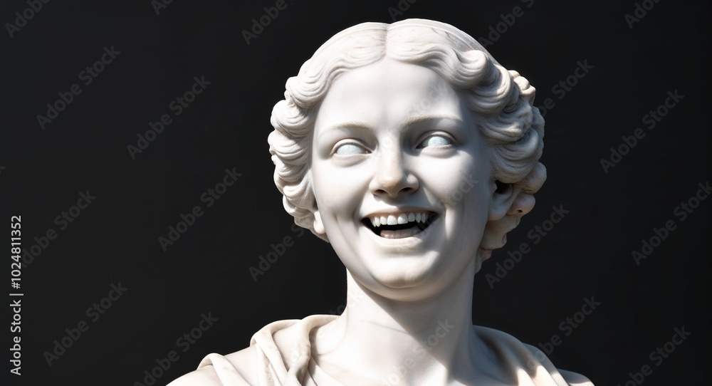 laughing girl marble statue closeup on plain black background laughing girl marble statue closeup on plain black background