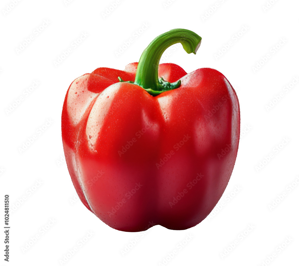 Fresh red bell pepper with droplets resting on a clean surface, beautifully illuminated Fresh red bell pepper with droplets resting on a clean surface, beautifully illuminated