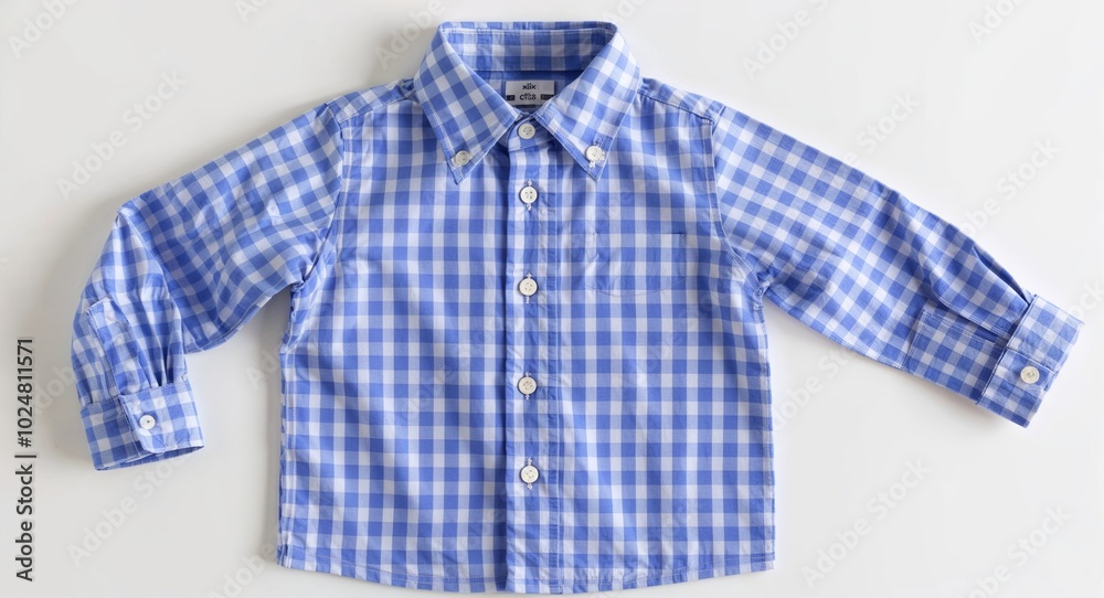 Medium blue checkered shirt for kid boys with button closure on plain white background Medium blue checkered shirt for kid boys with button closure on plain white background