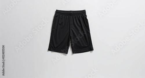 Medium black sports shorts for kid boys with moisture wicking fabric on plain white background photo