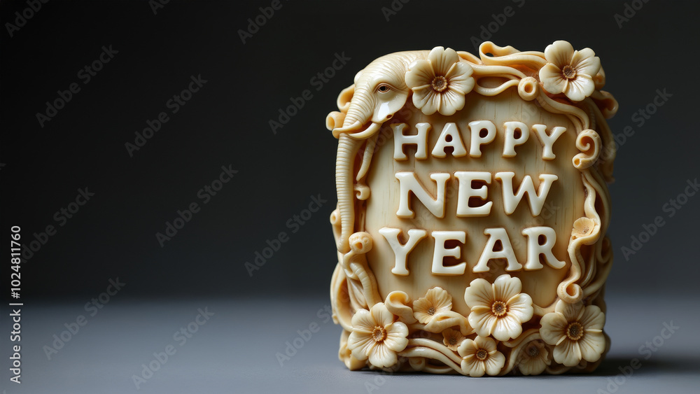 Happy New Year message. Elephant ivory sculpture. Greeting card with carved text and animals concept. Copy space. Happy New Year message. Elephant ivory sculpture. Greeting card with carved text and animals concept. Copy space.