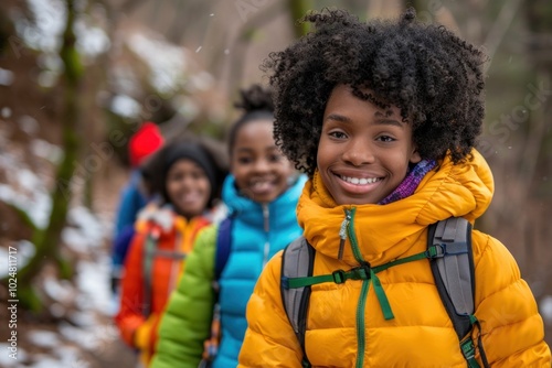 Group of smiling kids in colorful winter jackets hiking in a snowy forest