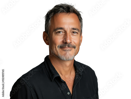 Portrait of a mature man with a beard wearing a black shirt against a neutral...