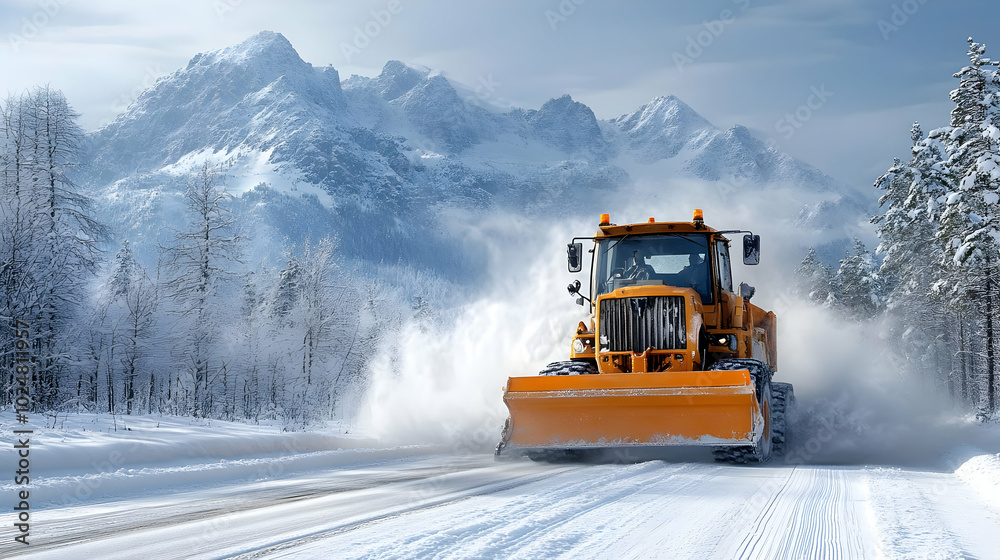 Snowplow clearing a snowy road in a mountainous landscape.