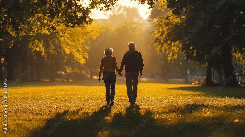 Elderly couple walking hand in hand through a sunlit park during a serene evening in autumn Elderly couple walking hand in hand through a sunlit park during a serene evening in autumn