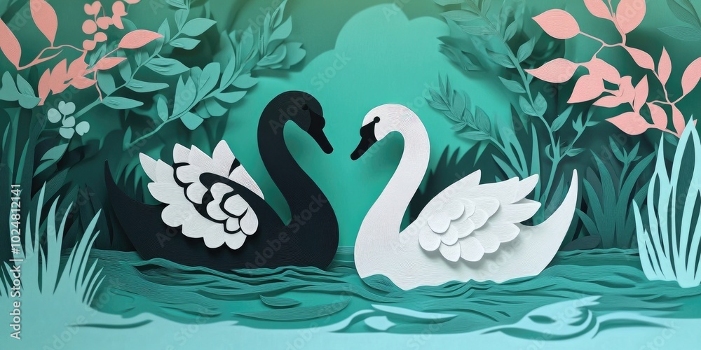 Fototapeta premium Elegant black and white swans swimming together in a tranquil lagoon, Elegant swans swimming in a tranquil lagoon