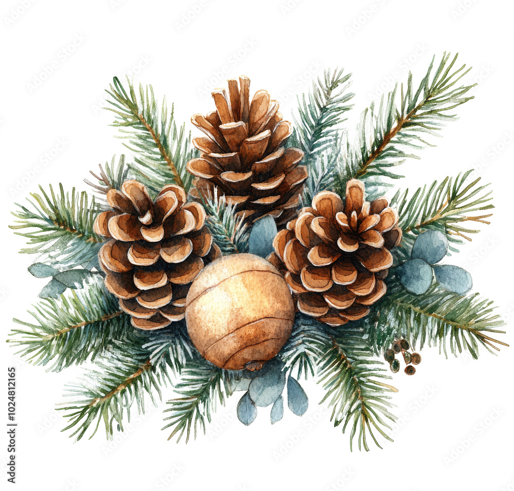 Fototapeta premium Winter pine arrangement with cones, berries, and green foliage for festive decor