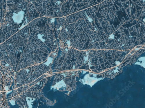 Painterly Style City Map of Westport Connecticut, USA in a Blue Color Scheme. photo