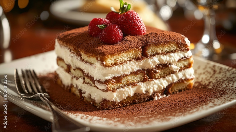 An eye-catching view of a Tiramisu dessert, featuring its rich cocoa layers and fluffy mascarpone, artistically arranged to capture the essence of this classic Italian treat An eye-catching view of a Tiramisu dessert, featuring its rich cocoa layers and fluffy mascarpone, artistically arranged to capture the essence of this classic Italian treat