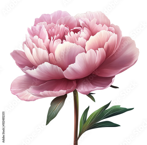 Beautiful pink peony flower blooming against a white background in springtime