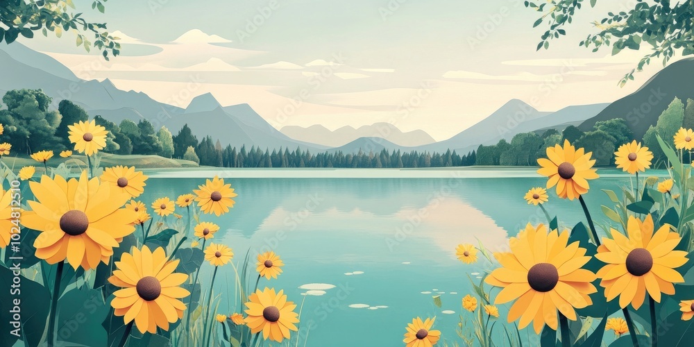Vibrant yellow blooms against a serene lake backdrop, Bright yellow flowers beside a calm lake Vibrant yellow blooms against a serene lake backdrop, Bright yellow flowers beside a calm lake