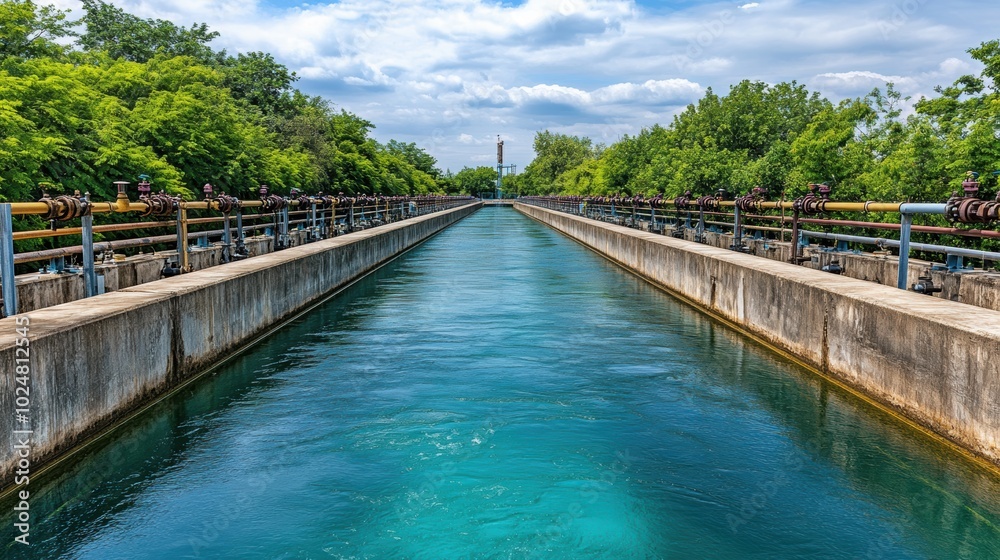 a clean, flowing water canal surrounded by greenery, which likely serves as a source of raw water for producing tap water. a clean, flowing water canal surrounded by greenery, which likely serves as a source of raw water for producing tap water.
