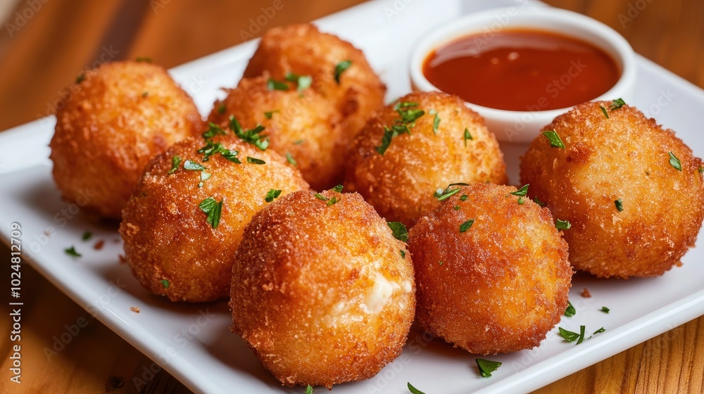 An inviting arrangement of deep-fried cheese balls on a white plate, showcasing their golden crust and gooey interior, garnished with fresh parsley and served with a tangy dipping sauce. An inviting arrangement of deep-fried cheese balls on a white plate, showcasing their golden crust and gooey interior, garnished with fresh parsley and served with a tangy dipping sauce.