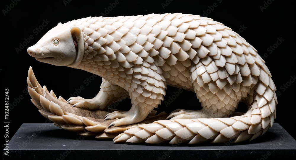 Fototapeta premium Pangolin marble statue closeup on plain black background