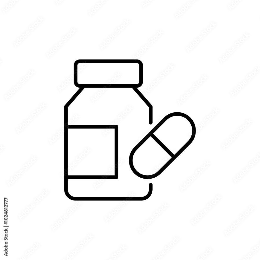 Pill bottle icon. Outline style. isolated. Pill bottle icon. Outline style. isolated.
