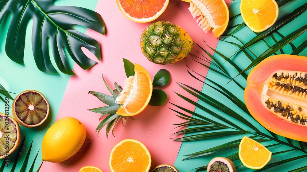 Tropical fruit and palm leaves arranged on a pink and green background. Tropical fruit and palm leaves arranged on a pink and green background.