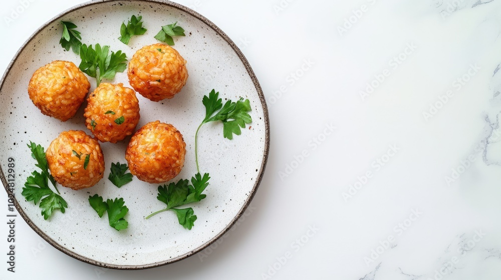 An inviting image of arancini rice balls on a plate, garnished with fresh herbs, with a clean white background providing ample copy space for branding or culinary text. An inviting image of arancini rice balls on a plate, garnished with fresh herbs, with a clean white background providing ample copy space for branding or culinary text.