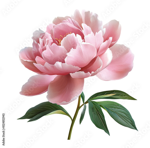 Fototapeta Naklejka Na Ścianę i Meble -  Soft pink peony blooms gracefully in spring, showcasing delicate petals and lush green leaves