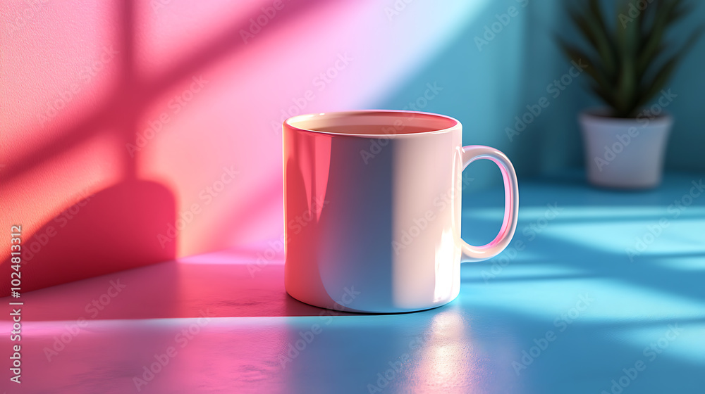 A white mug sits on a table with a pink and blue background. A white mug sits on a table with a pink and blue background.