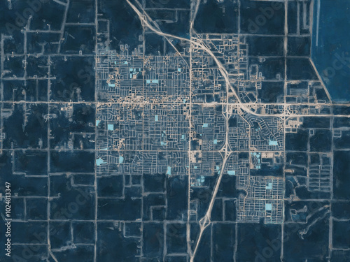 Painterly Style City Map of Woodland California, USA in a Blue Color Scheme.