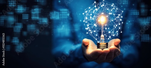 Businessman Holding Glowing Light Bulb, Network Connections Symbolizing Innovation And Inspiration.