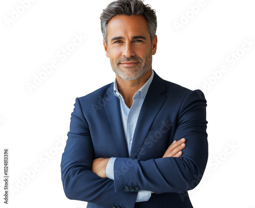 A man in a navy suit and light shirt stands with arms crossed, exuding confid...