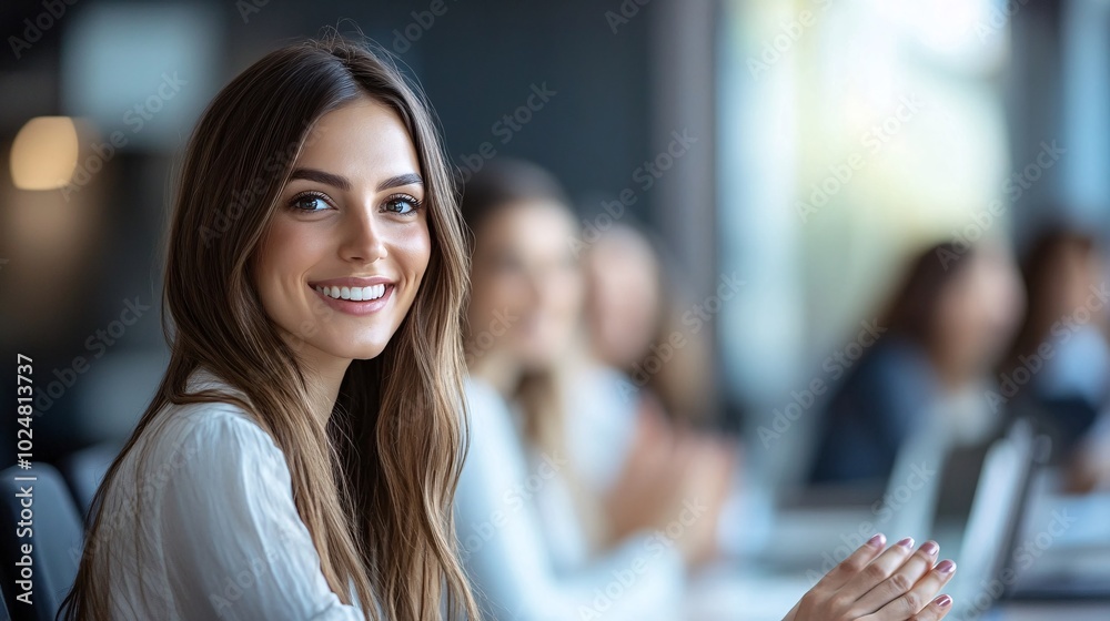 Obraz premium Colleagues laughing and clapping as they celebrate a successful project launch together Stock Photo with side copy space