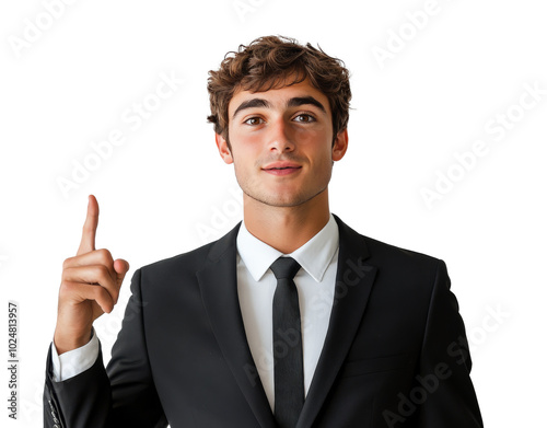 Young man in a suit gestures confidently while standing against a plain wall ...