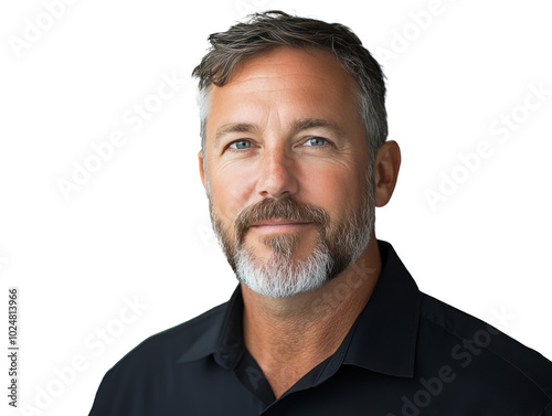 A man with a beard in a dark shirt poses confidently against a neutral backgr...