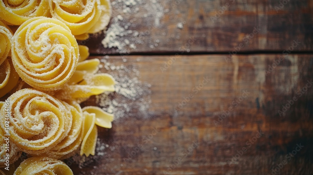 Freshly prepared pasta spirals resting on a wooden table, leaving room for copy or text above, offering a clean, inviting layout for restaurant advertising or recipe cards. Freshly prepared pasta spirals resting on a wooden table, leaving room for copy or text above, offering a clean, inviting layout for restaurant advertising or recipe cards.