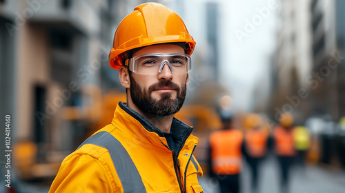 A bearded man in a construction worker uniform and safety glasses looks directly at the camera.