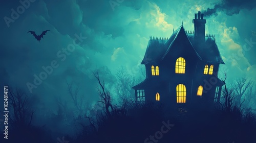 Haunting Nightscape: Eerie Manor Silhouetted Against Ominous Skies