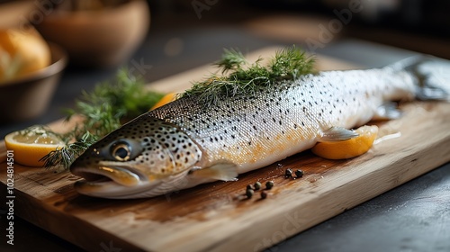 Raw Uncooked Trout Fish Seafood Wooden Board Herbs Lemon Preparation Meal