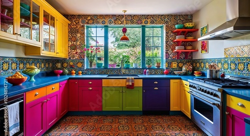 Vibrant kitchen with colorful cabinetry unique tile work and a large window overlooking the garden