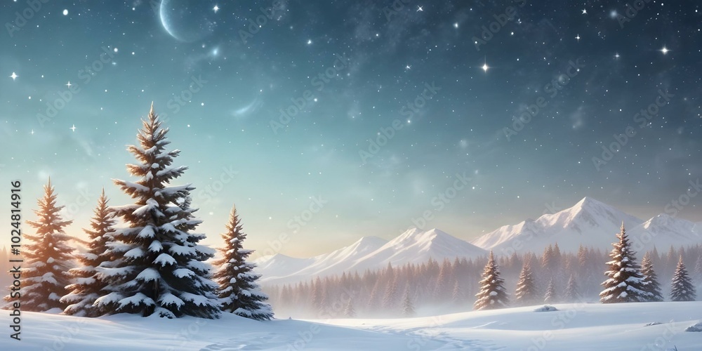 Fototapeta premium A snowy winter landscape with pine trees, glowing ornaments, and twinkling stars in the sky.